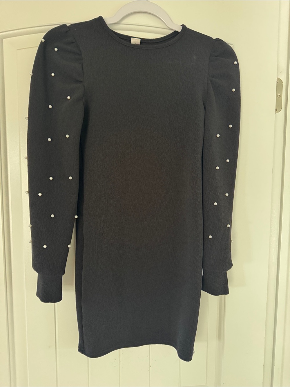 SHEIN Black Pearl-Accent Puff Sleeve Long Sleeve Dress